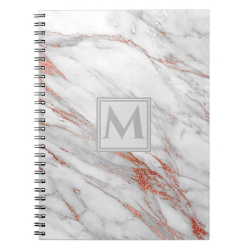 Elegant Rose Gold Copper White Marble Monogram Notebook