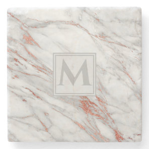 Elegant Rose Gold Copper White Marble Monogram Stone Coaster
