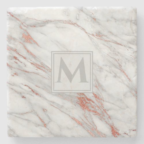 Elegant Rose Gold Copper White Marble Monogram Stone Coaster