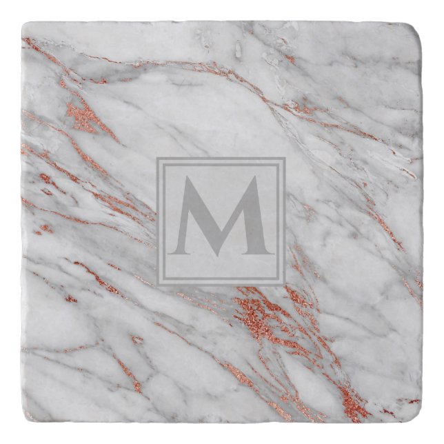 Elegant Rose Gold Copper White Marble Monogram Trivet (Front)