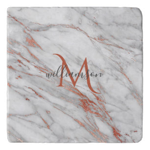 Elegant Rose Gold Copper White Marble Monogram  Trivet