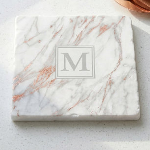 Elegant Rose Gold Copper White Marble Monogram Trivet
