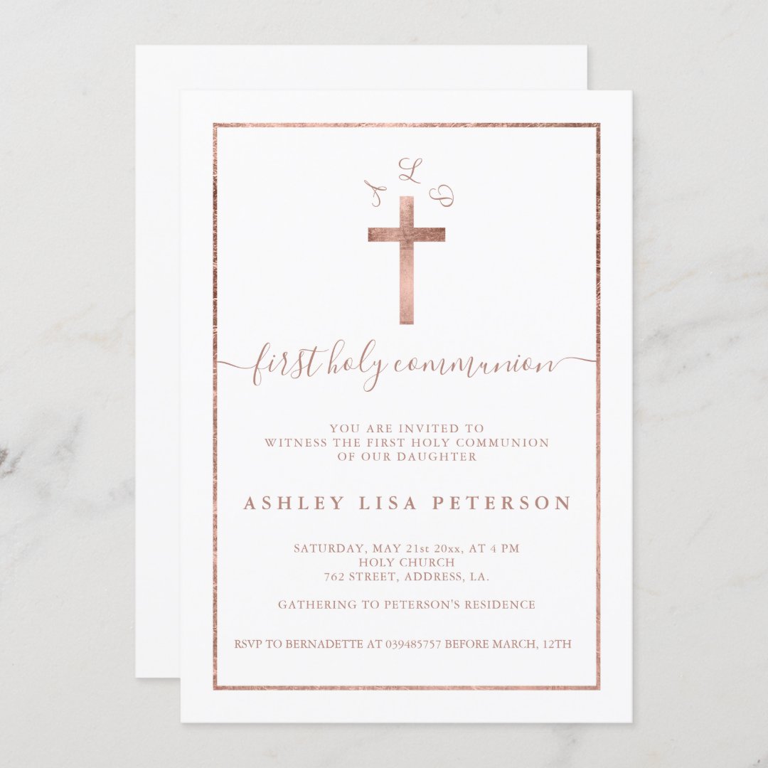 Elegant rose gold cross monogram first communion invitation | Zazzle