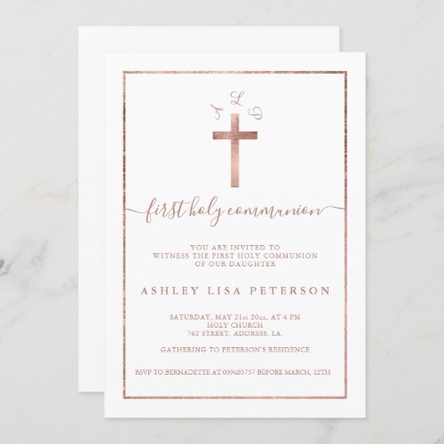 Elegant rose gold cross monogram first communion invitation