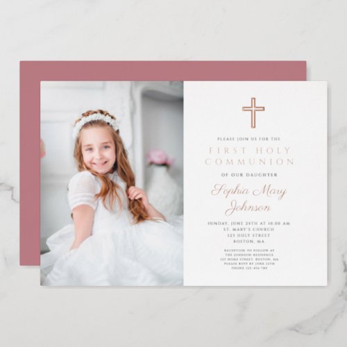 Elegant Rose Gold Cross Photo Girl First Communion Foil Invitation