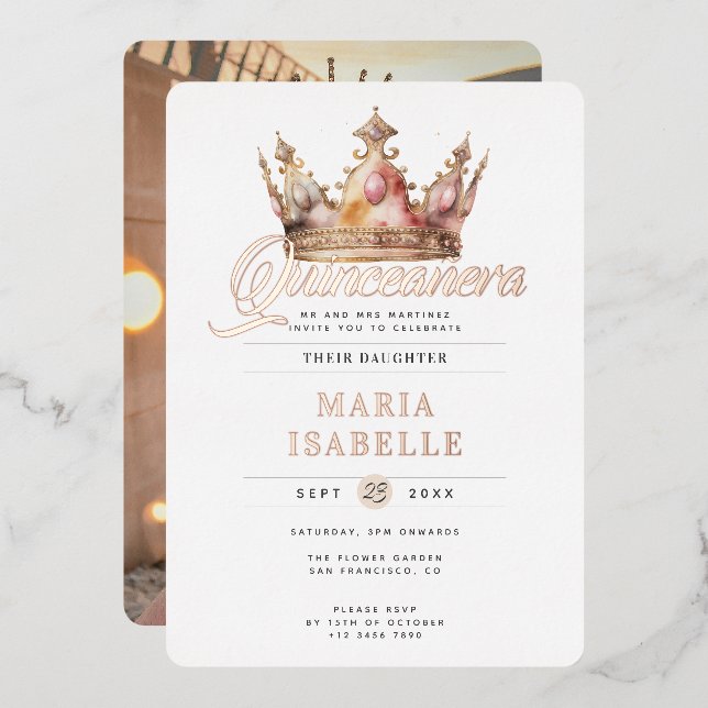 Elegant Rose Gold Crown Quinceañera Party Foil Invitation (Front/Back)