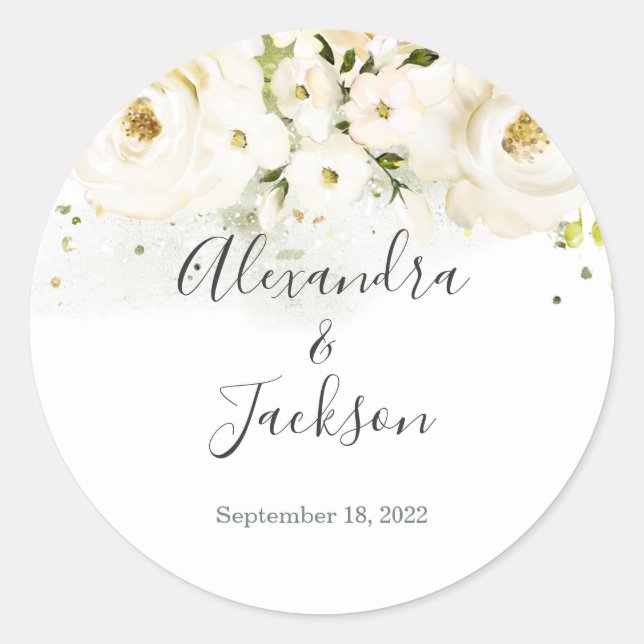 Elegant Rose & Gold Cursive Wedding Favor Classic Round Sticker (Front)