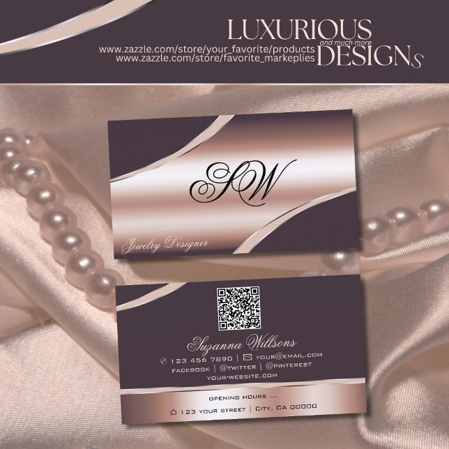 Elegant Rose Gold Curved Lines Monogram QR Code Business Card (Creator Uploaded)