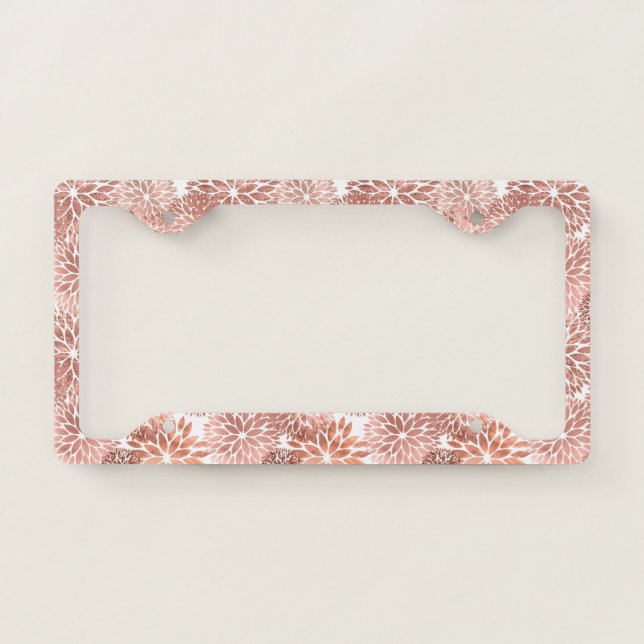 Elegant Rose Gold Dahlia Floral License Plate Frame (Front)