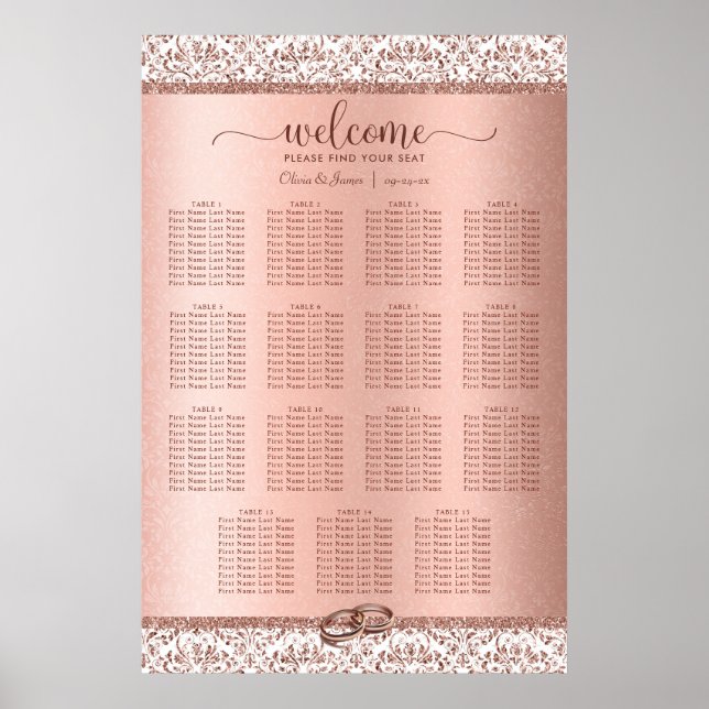 Elegant Rose Gold Damask Wedding 15 Seating Chart (Front)