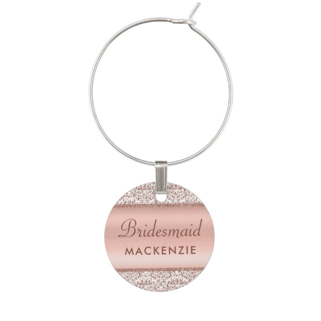 Elegant Rose Gold Damask Wedding Mother of Bride Wine Charm (Front)