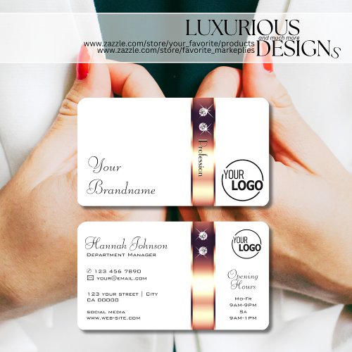 Elegant Rose Gold Decor on White Diamonds add Logo Business Card