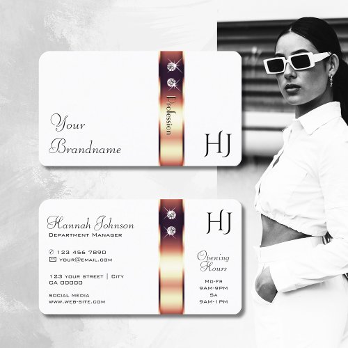 Elegant Rose Gold Decor on White Diamonds Initials Business Card