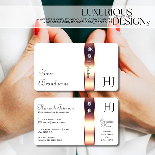 Elegant Rose Gold Decor on White Diamonds Initials Business Card