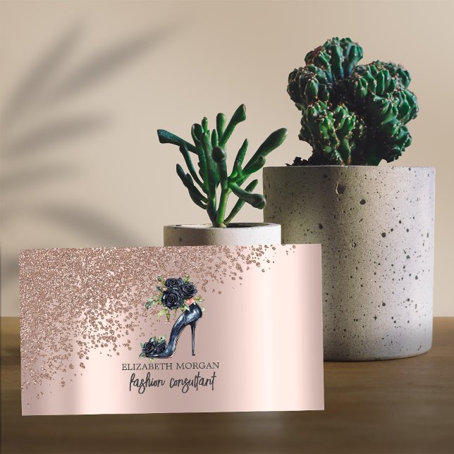 Elegant Rose Gold Diamonds,Black High Heels Roses Business Card (Creator Uploaded)
