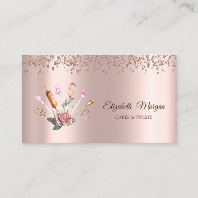 Elegant Rose Gold Diamonds,Flower,Bakery Tools Business Card (Front)