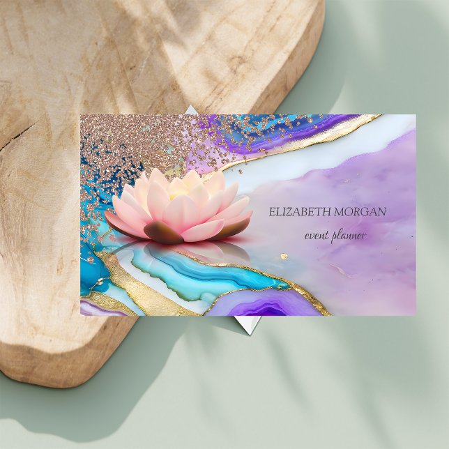  Elegant Rose Gold Diamonds Opal Marble Lotus Business Card (Creator Uploaded)