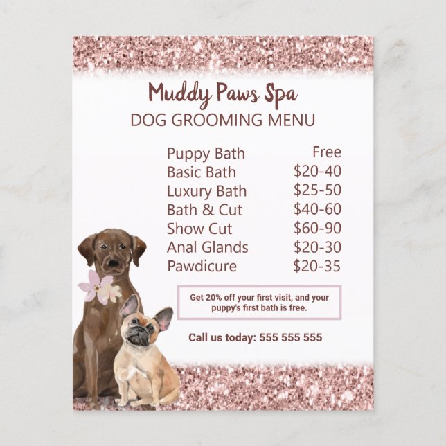 "Elegant Rose Gold Dog Grooming Menu Customizable Flyer (Front)