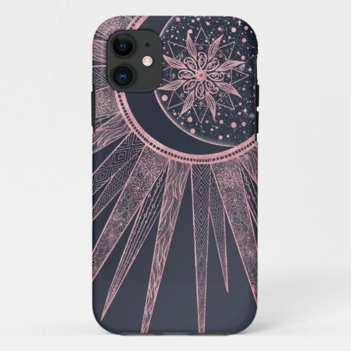 Elegant Rose Gold Doodles Sun Moon Mandala Design iPhone 11 Case
