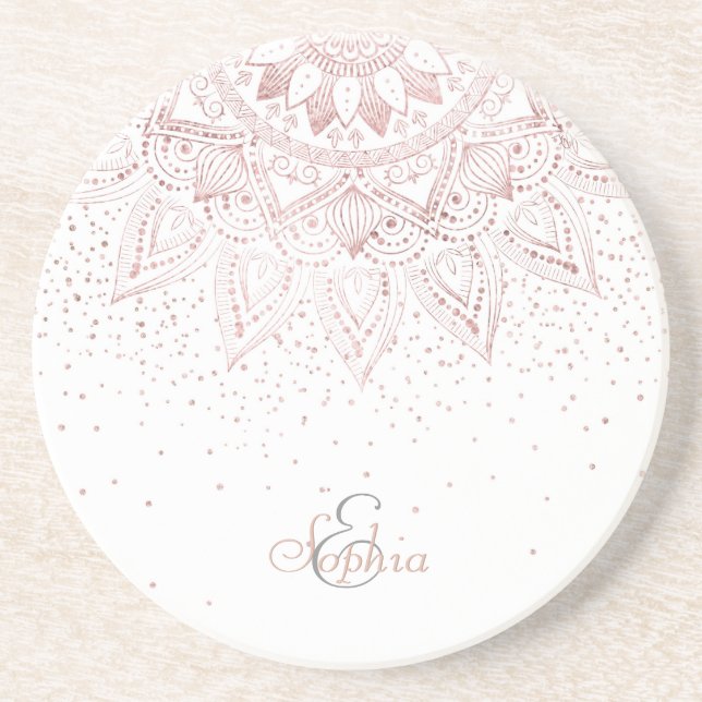 Elegant Rose Gold Dots Mandala Drink Coaster (Front)