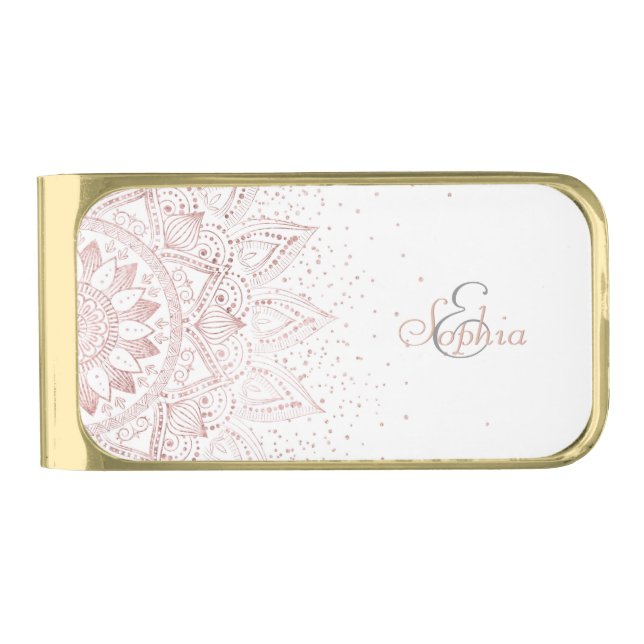 Elegant Rose Gold Dots Mandala Gold Finish Money Clip (Front)
