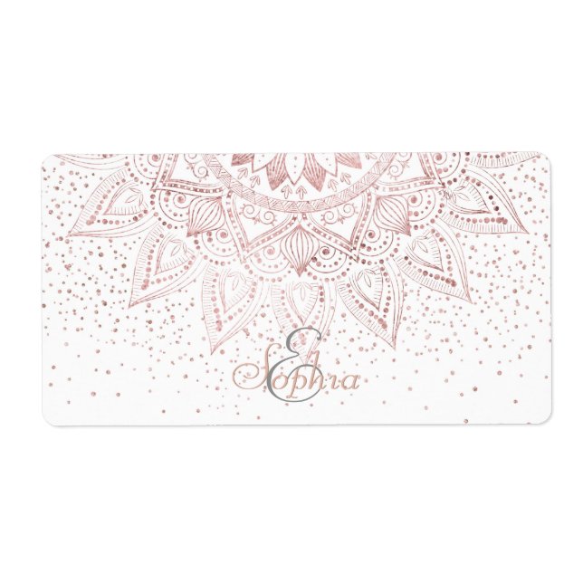 Elegant Rose Gold Dots Mandala Label (Front)