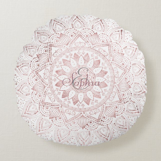 Elegant Rose Gold Dots Mandala Round Pillow (Front)