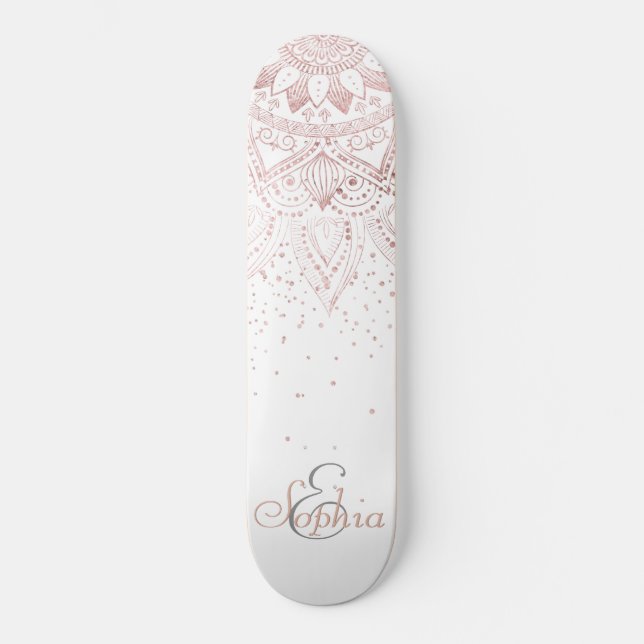 Elegant Rose Gold Dots Mandala Skateboard Deck (Front)