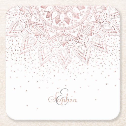 Elegant Rose Gold Dots Mandala Square Paper Coaster