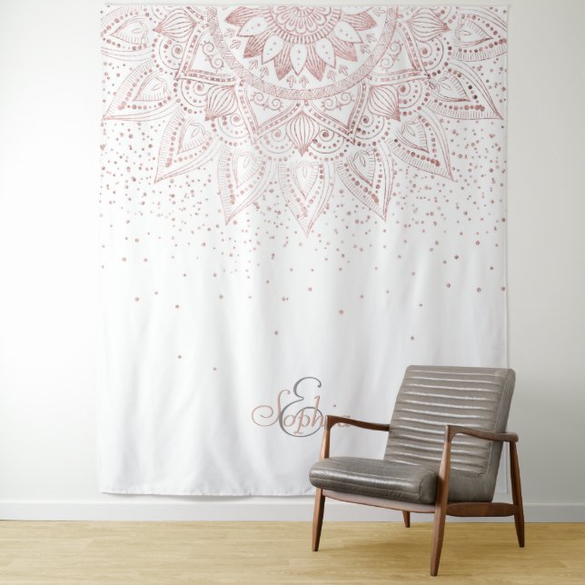 Elegant Rose Gold Dots Mandala Tapestry (In Situ)
