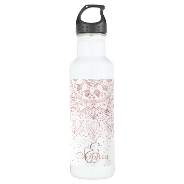 Elegant Rose Gold Dots Mandala Water Bottle (Front)