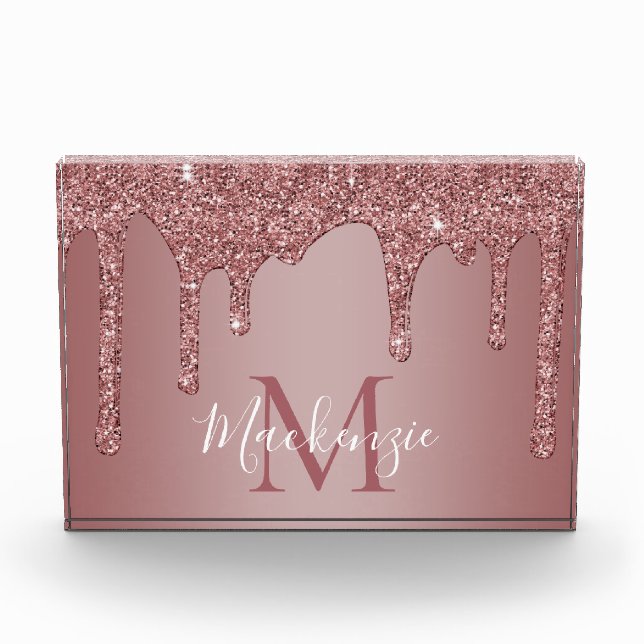 Elegant Rose Gold Dripping Glitter Monogram Acrylic Award (Front)