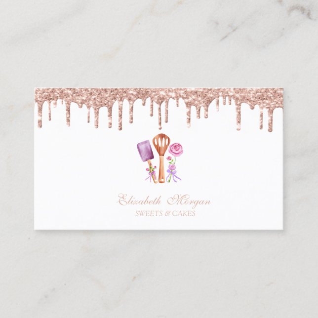 Elegant Rose Gold Drips Bakery Tools Flowers Business Card (Front)