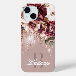 Elegant Rose Gold Drips Burgundy Floral Monogram