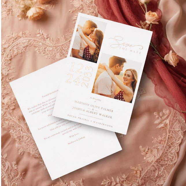 Elegant Rose Gold Effect 2 Photos Chic Wedding Foil Invitation (Elegant Rose Gold Effect 2 Photos Sophisticated Wedding Real Metallic Foil Save the date card.)