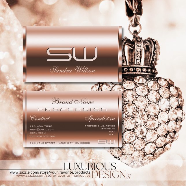 Elegant Rose Gold Effect Faux 3D Optics Monogram Business Card (Creator Uploaded)