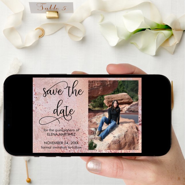 Elegant Rose Gold Faux Foil and Glitter Photo Save The Date (Front Digital)
