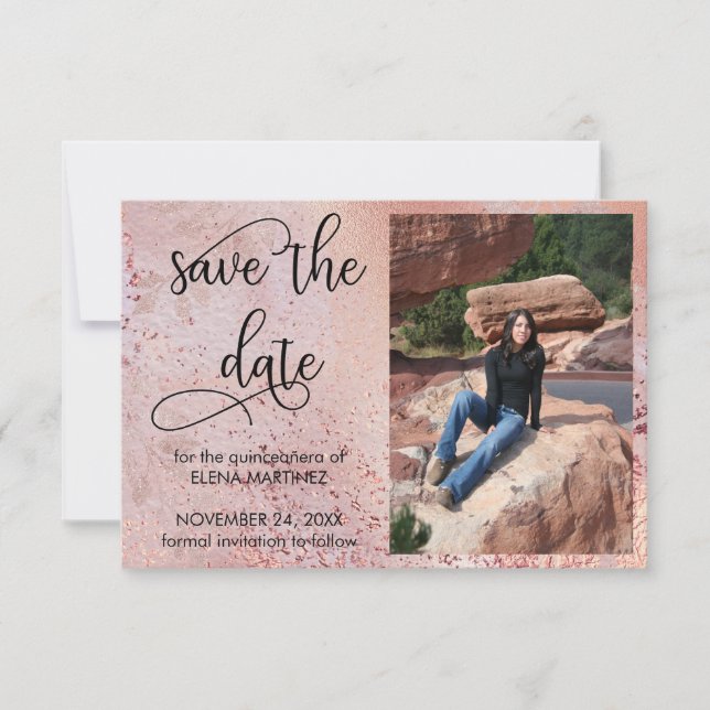 Elegant Rose Gold Faux Foil and Glitter Photo Save The Date (Front)