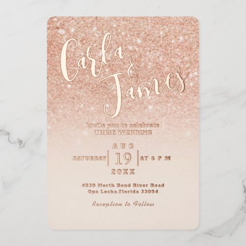 Elegant Rose gold Faux Glitter chic Wedding Foil Invitation