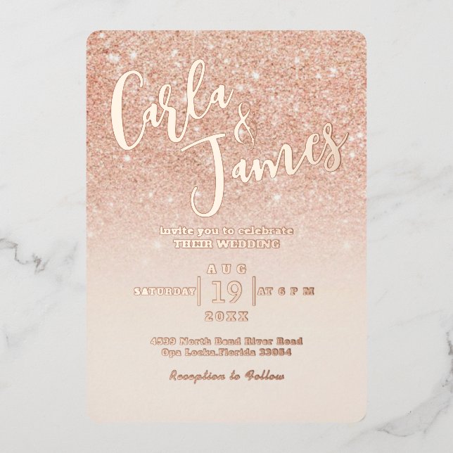 Elegant Rose gold Faux Glitter chic Wedding Foil Invitation (Front)