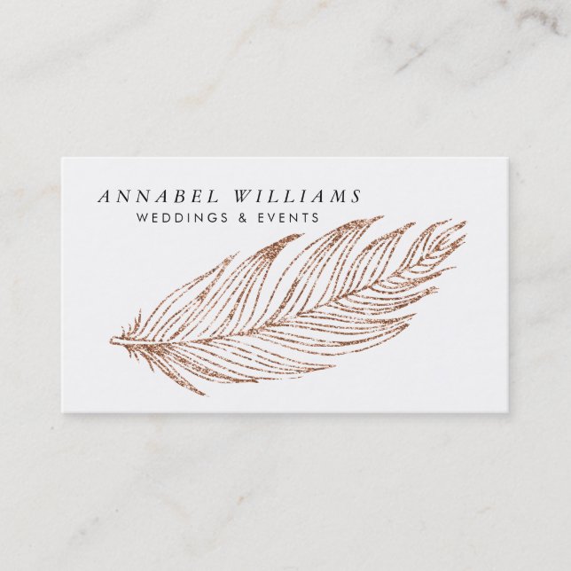Elegant Rose Gold Faux Glitter Feather Business Card (Front)