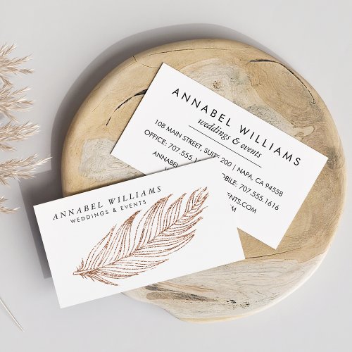 Elegant Rose Gold Faux Glitter Feather Business Card
