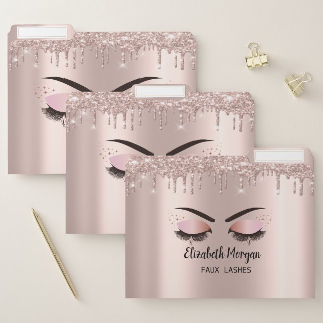 Elegant Rose Gold Faux Lashes, Drips File Folder (Set)