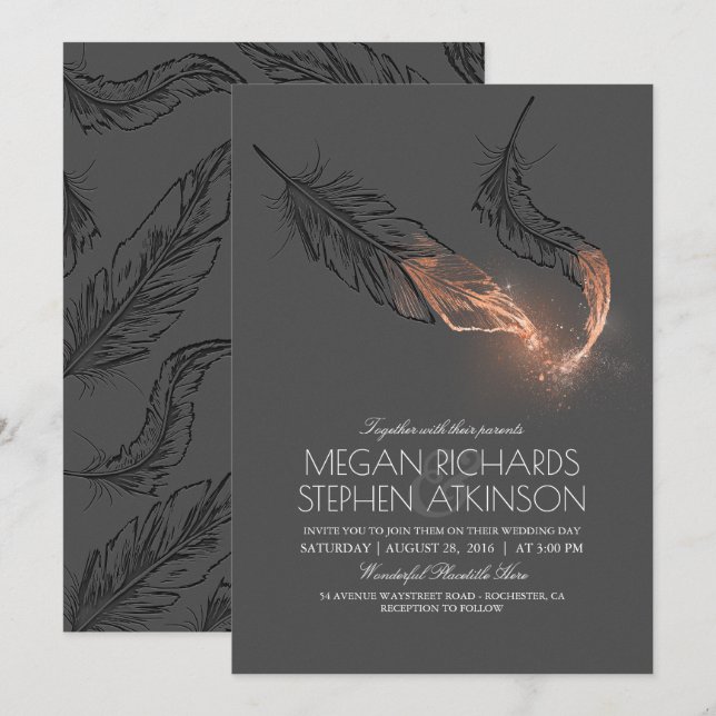 Elegant Rose Gold Feathers Vintage Wedding Invitation (Front/Back)