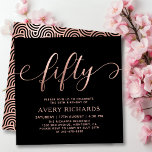 Elegant Rose Gold Fifty Script Black 50th Birthday Invitation<br><div class="desc">Elegant Chic Black and Rose Gold Fifty Script 50th Birthday Invitation. This modern birthday party invitation template for woman features stylish „fifty” text in huge faux rose gold foil swirly handwritten calligraphy (or typography) script with swash tail font, party details in blush rose gold color on black background. At the...</div>