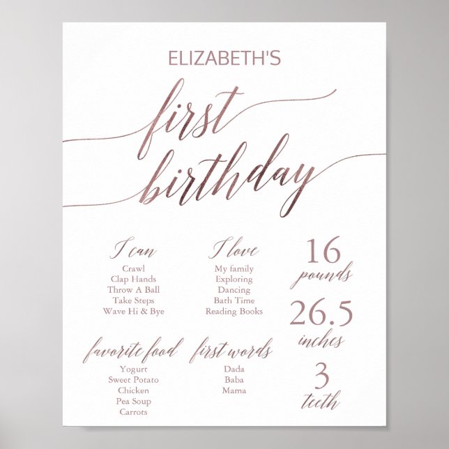 Elegant Rose Gold First Birthday Milestone Sign (Front)