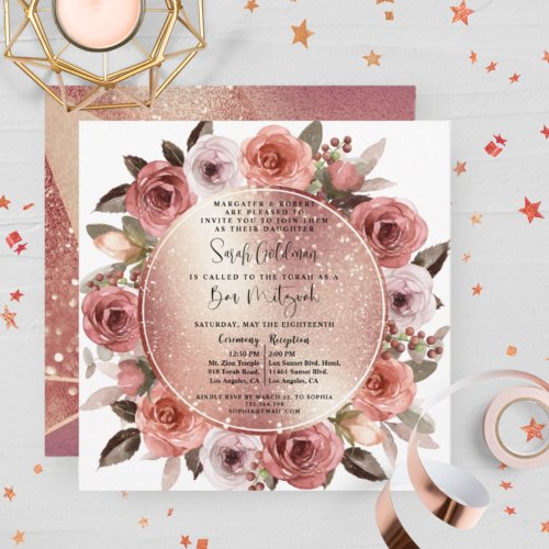 Elegant Rose Gold Floral and Glitter Bat Mitzvah Invitation