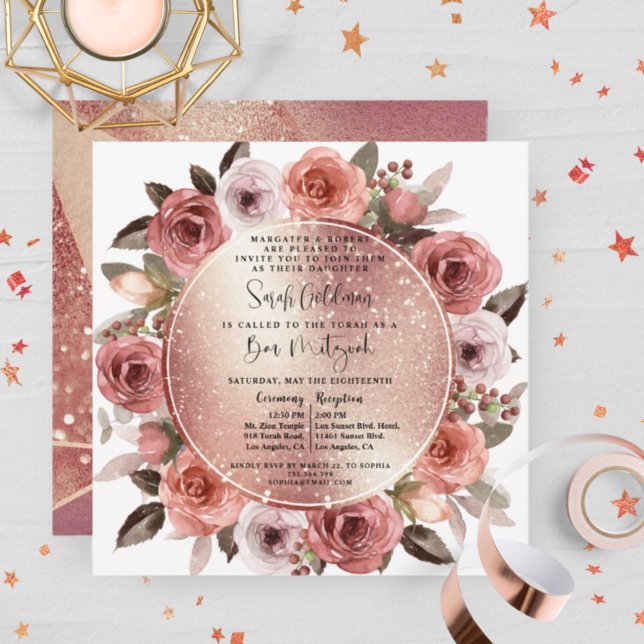 Elegant Rose Gold Floral and Glitter Bat Mitzvah Invitation (Creator Uploaded)