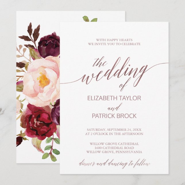 Elegant Rose Gold | Floral Backing Wedding Invitation (Front/Back)