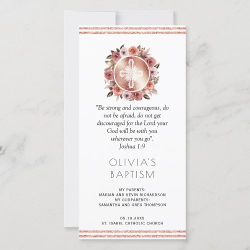 Elegant Rose Gold Floral Baptism Bookmark Favor Thank You Card